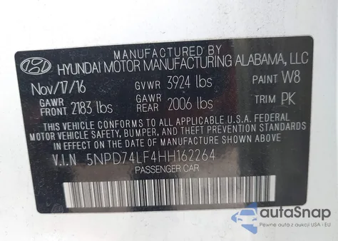 2017 Hyundai Elantra Se z USA, uszkodzony, nr VIN 5NPD74LF4HH162264